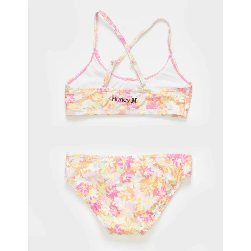 Hurley Bikini Set Girls XL Pink Floral Stretch Scoop Neck Swimwear Beach JDM633